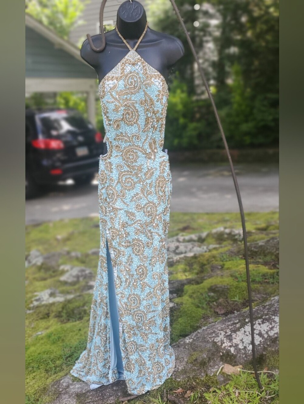 Rachel Allen Full Beaded Cut Out Halter Evening Dress in Light Blue and Gold